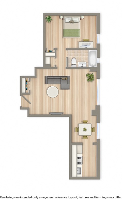 Floor plan for 1 bed, 1 bath, 561 sqft